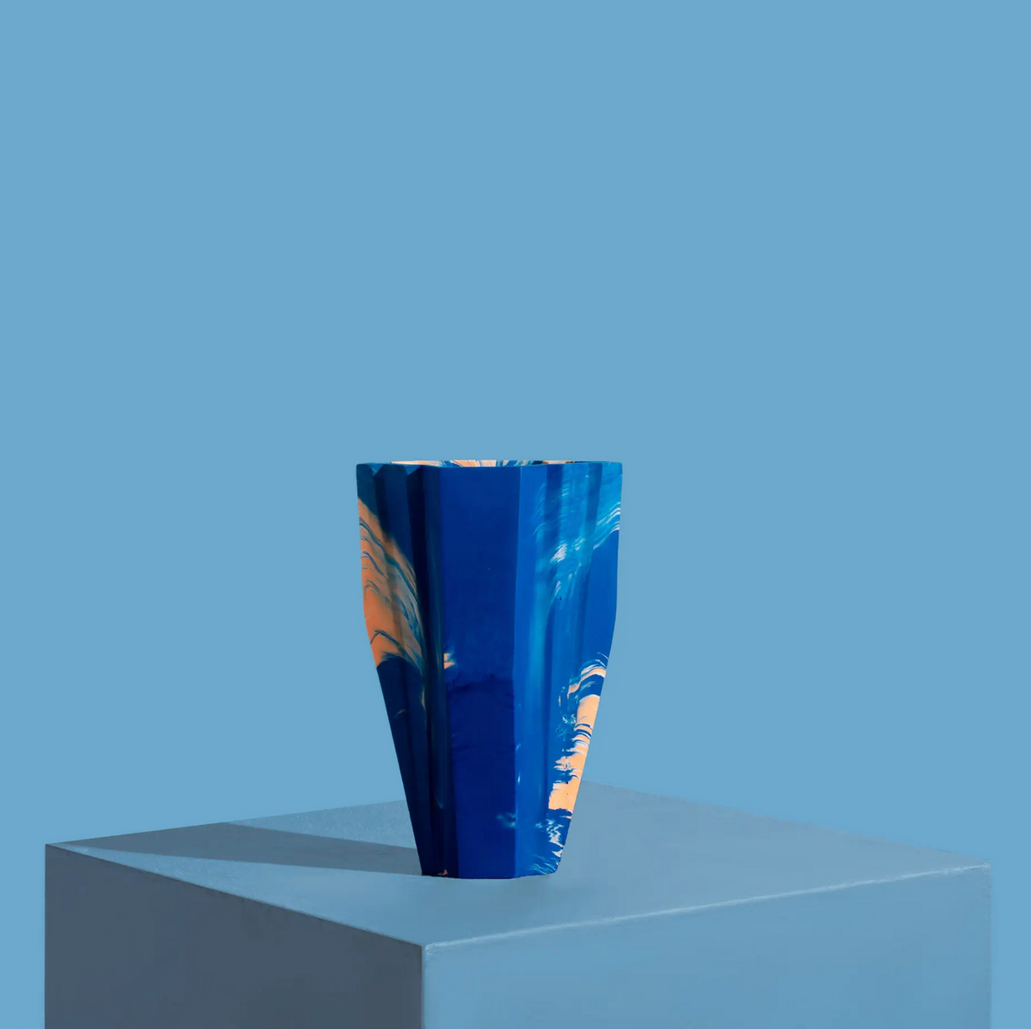 Small Deco Vase, Marbled in Cobalt Blue & Orange