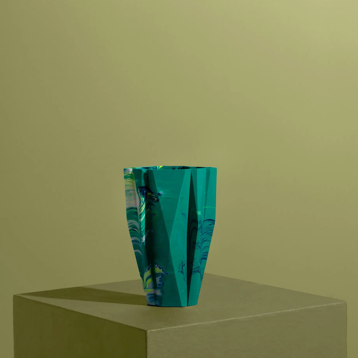 Small Deco Vase, Marbled in Emerald Green & Yellow