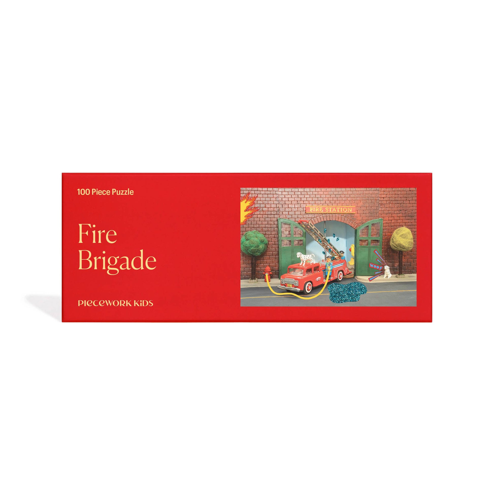 Completed Fire Brigade kids' puzzle with tin fire trucks, yellow boots, and two Dalmatians.
