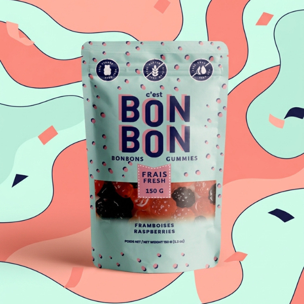Packaging of Bon Bon gummies with a colorful abstract background
