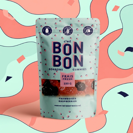 Packaging of Bon Bon gummies with a colorful abstract background
