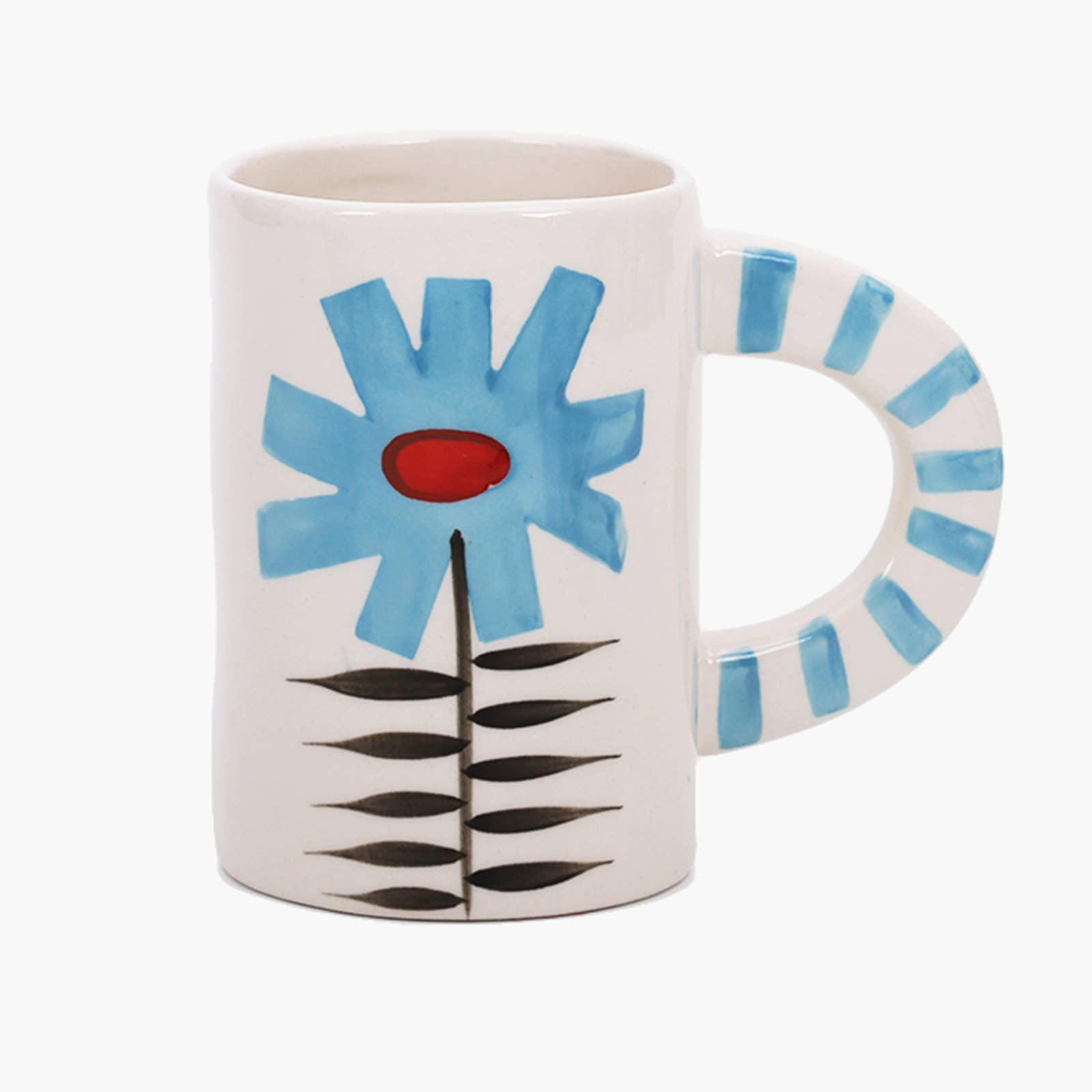 Hand-painted cream stoneware mug with a single large blue flower and a blue-and-white striped handle.
