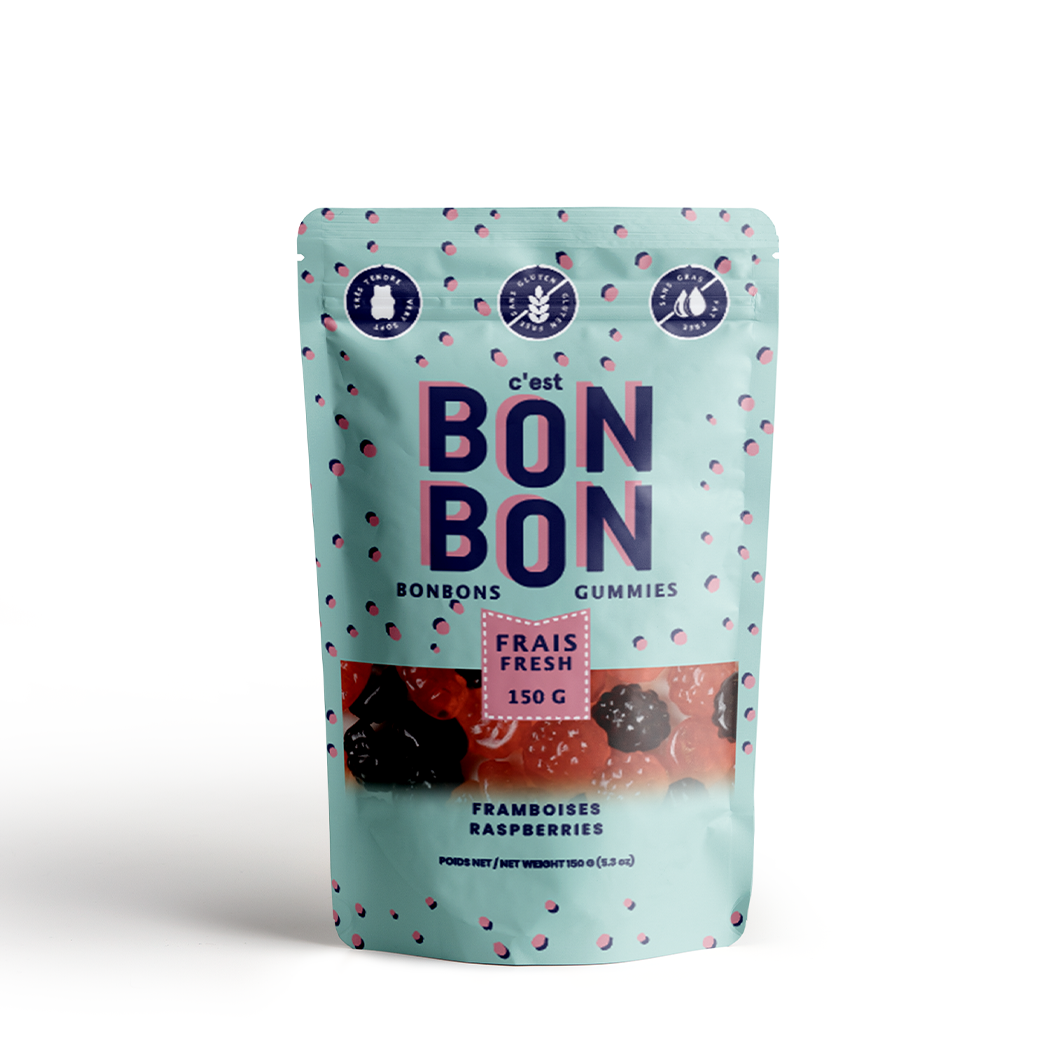 Packaging of Bon Bon Gummies with raspberry flavor on a light blue background