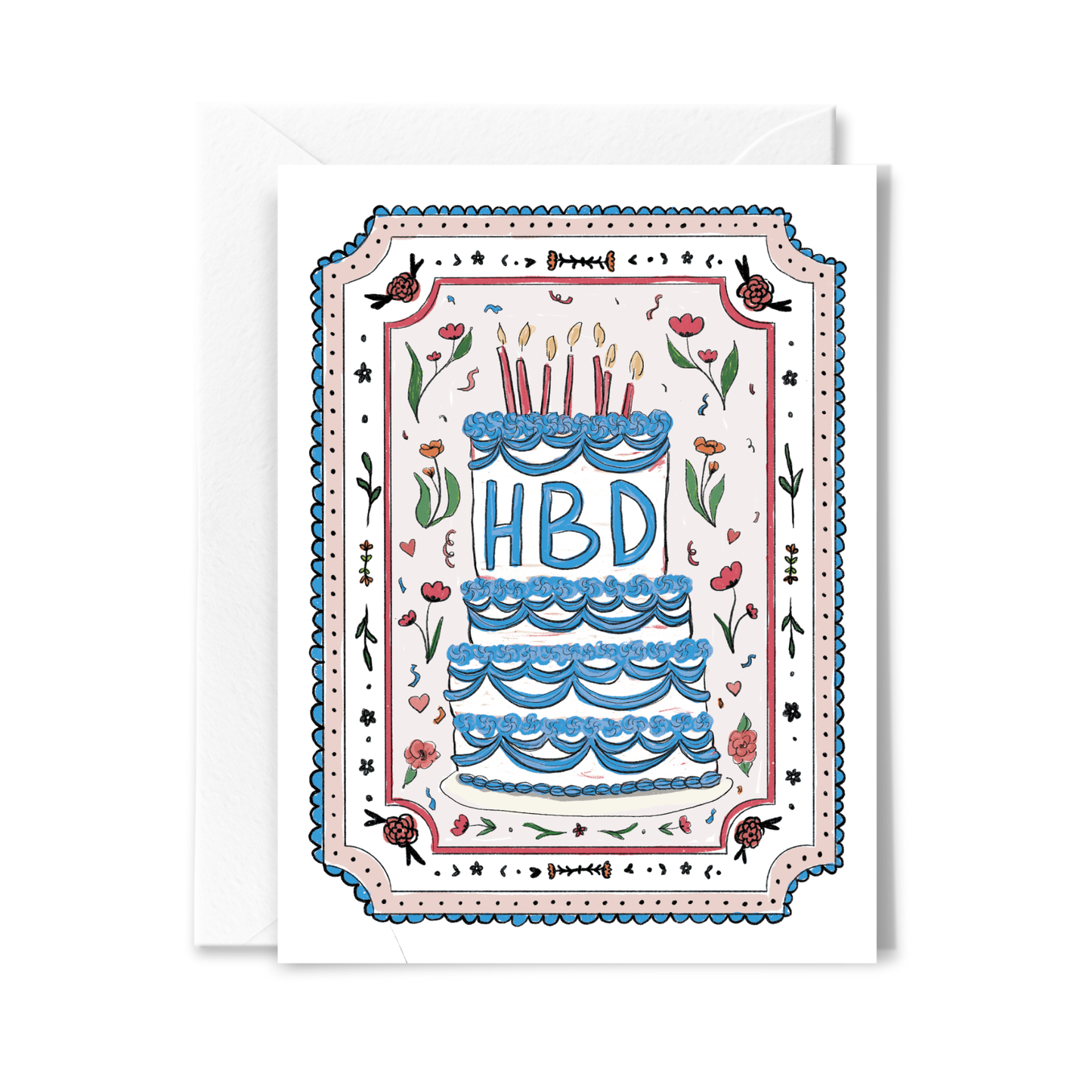 Birthday greeting card with a cake and confetti design