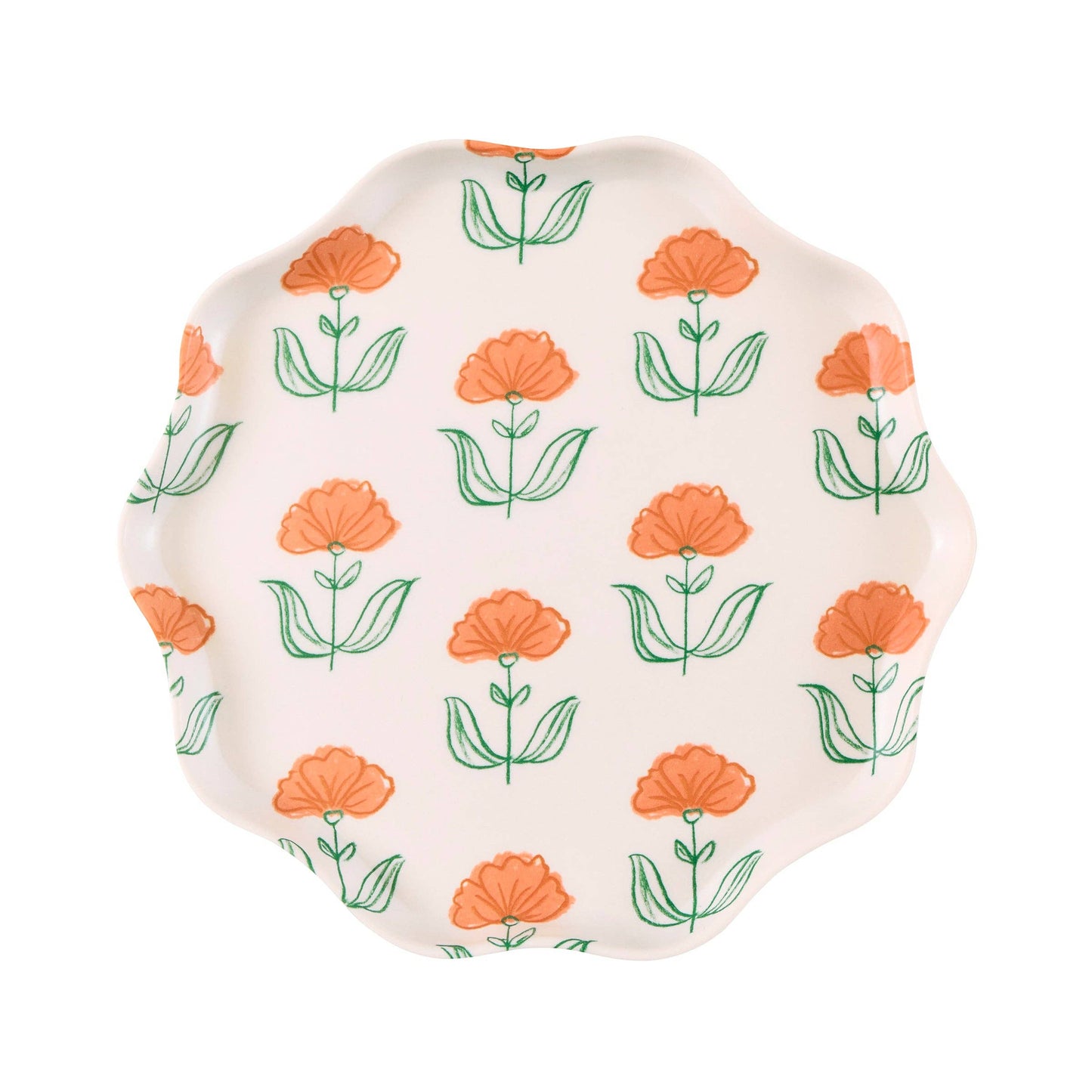 Close view of a Flora plate's block-print floral pattern