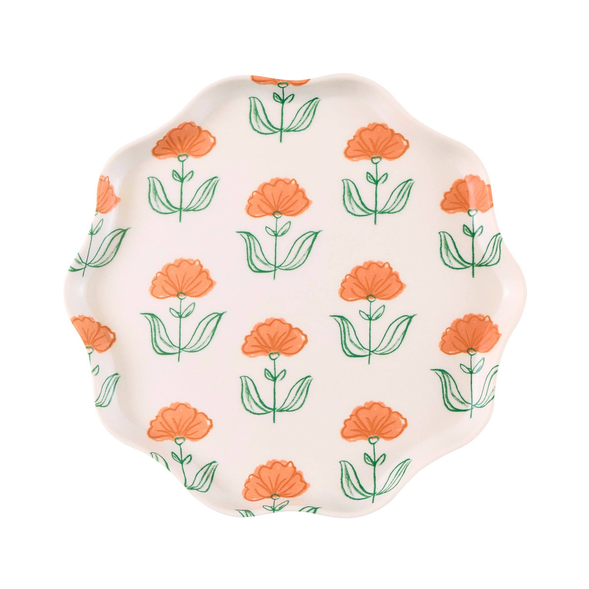 Close view of a Flora plate's block-print floral pattern