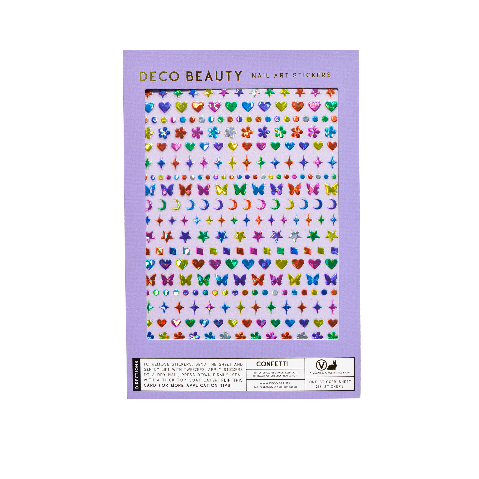 Close-up of Deco Beauty Confetti nail decals — hearts, stars, and dots