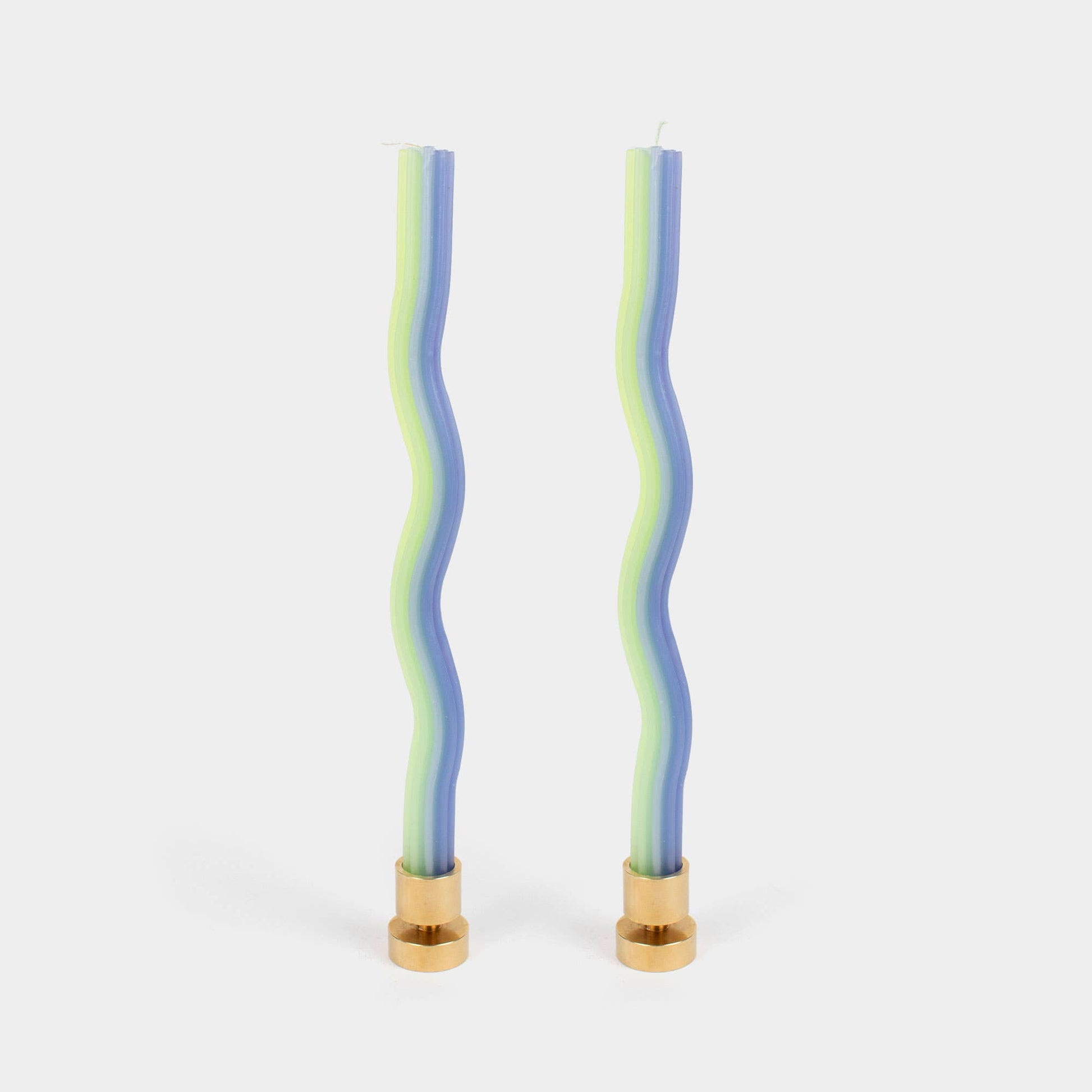 Two wavy wiggle taper candles in lavender and green by 54 Celsius