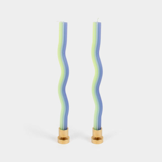 Two wavy wiggle taper candles in lavender and green by 54 Celsius