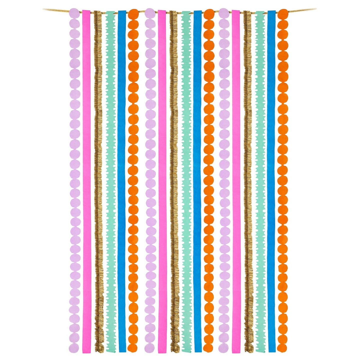 Multicolor crepe paper party streamers in a bright rainbow of colors.