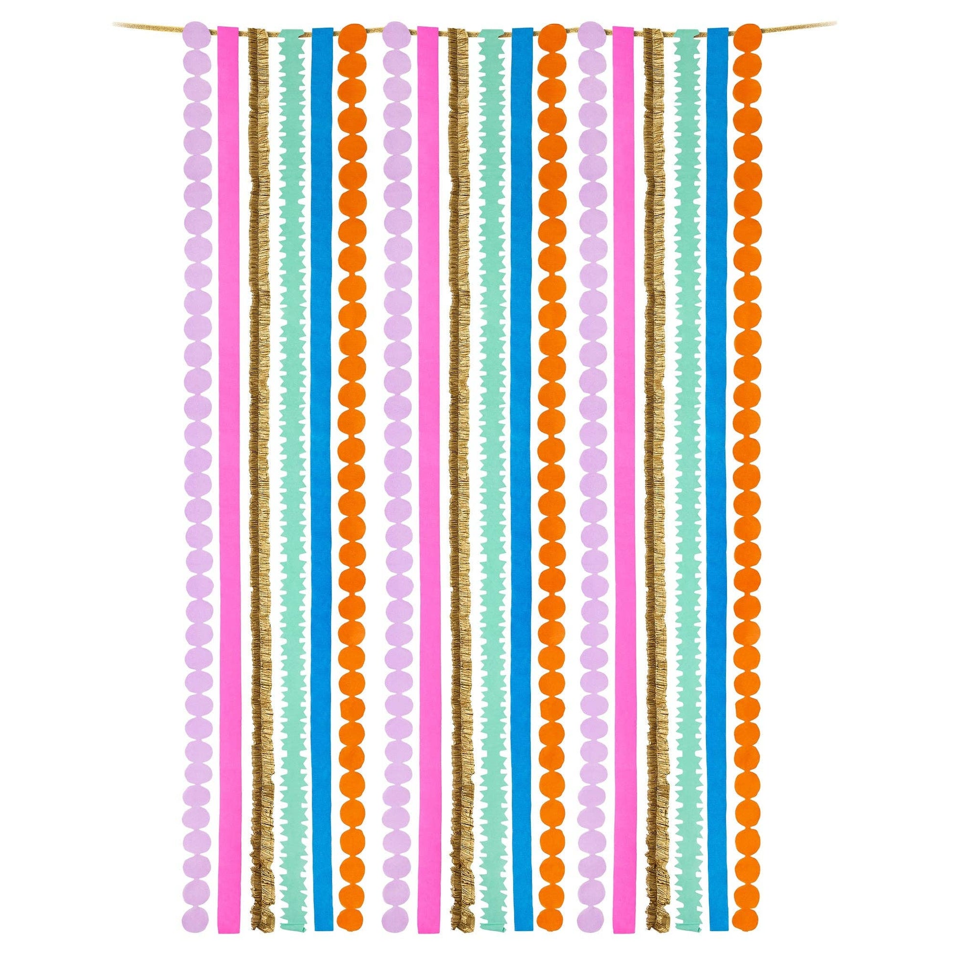 Multicolor crepe paper party streamers in a bright rainbow of colors.