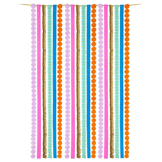 Multicolor crepe paper party streamers in a bright rainbow of colors.