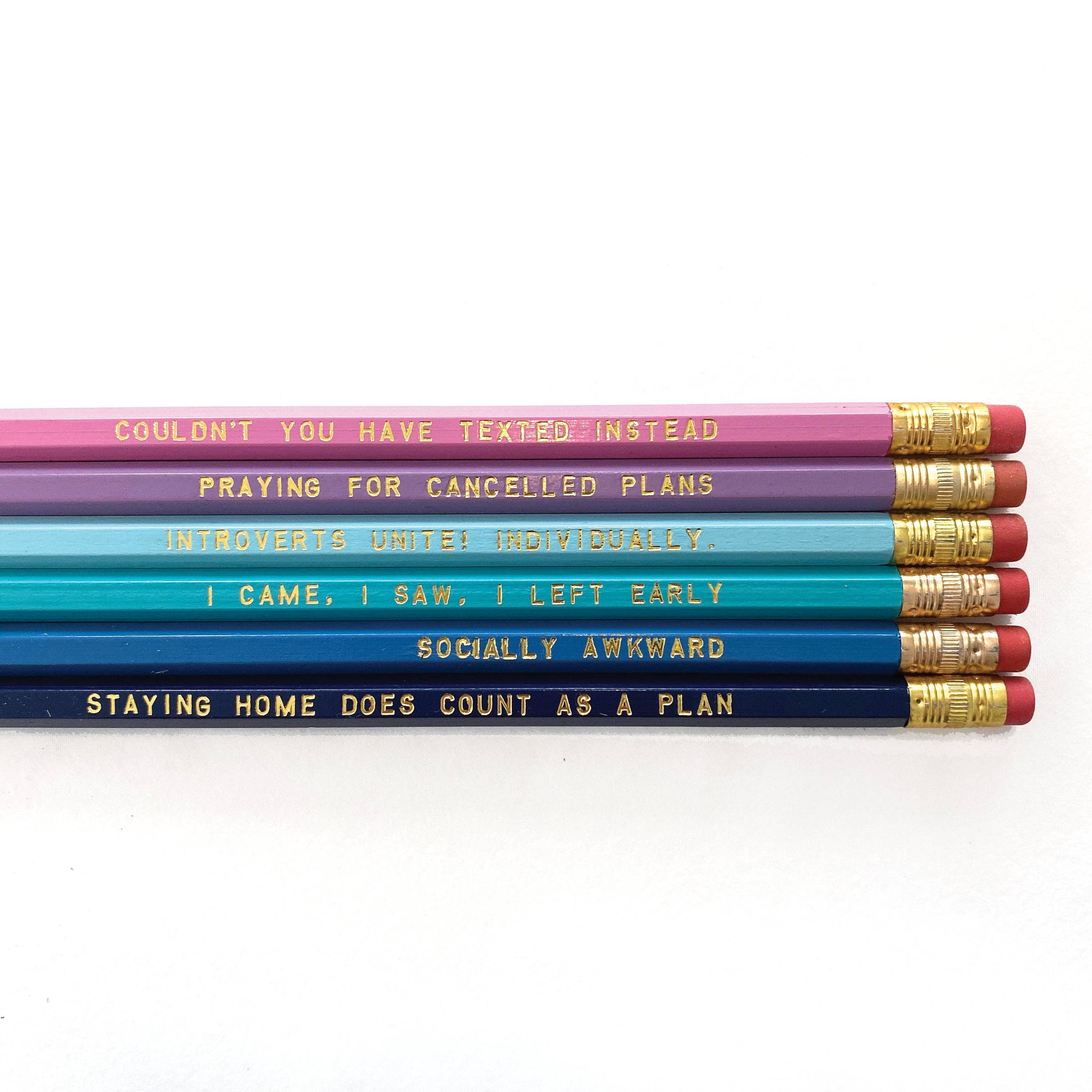 ‘Introvert’ pack of six assorted-color pencils with gold foil sayings