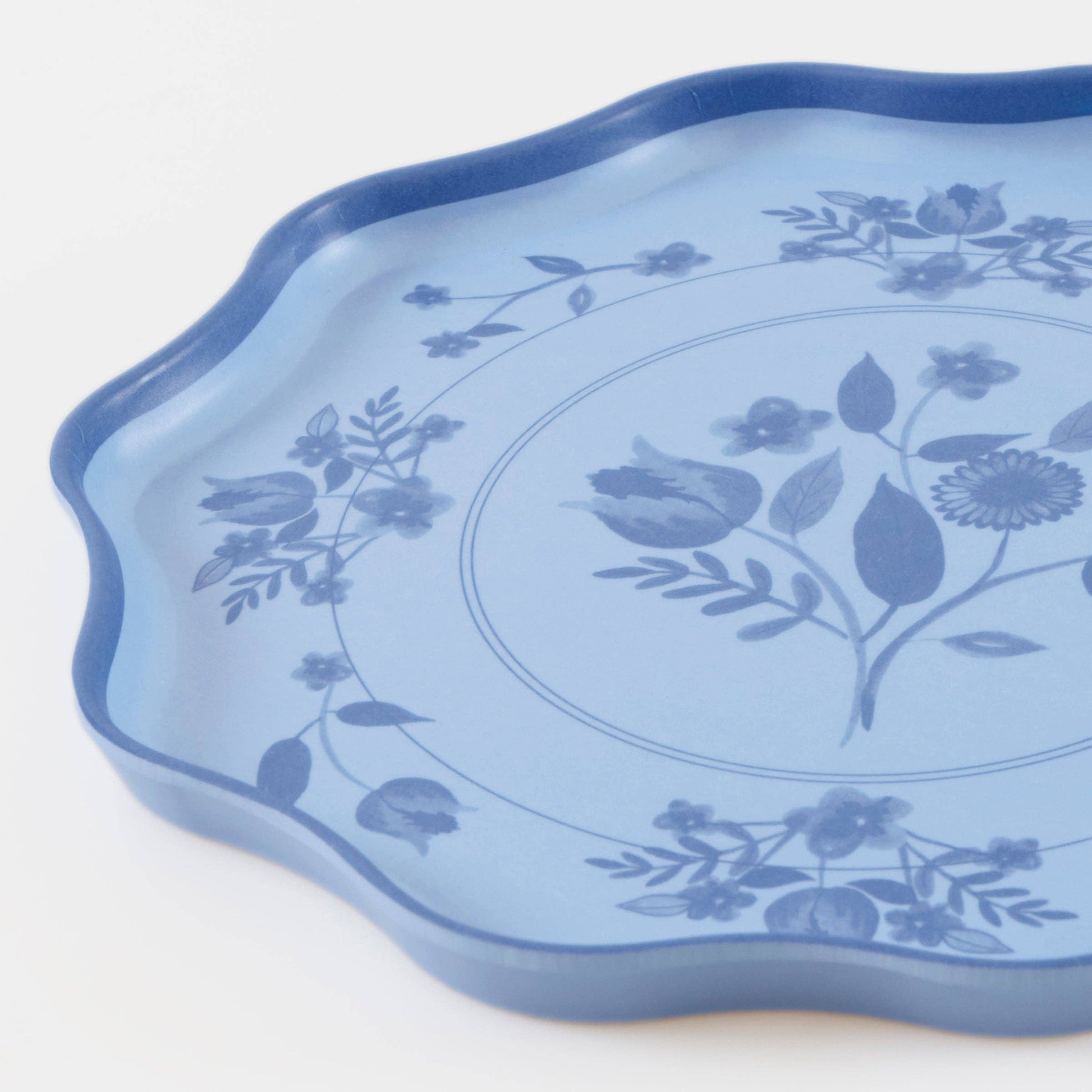 Vintage botanical plate with a cobalt blue floral transfer print