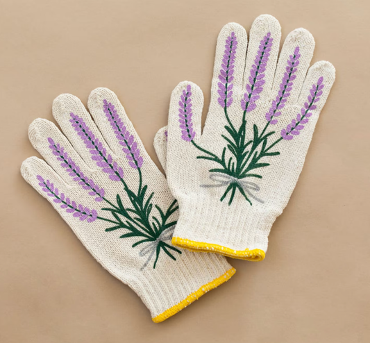 Gardening glove screen-printed with a lavender sprig motif.