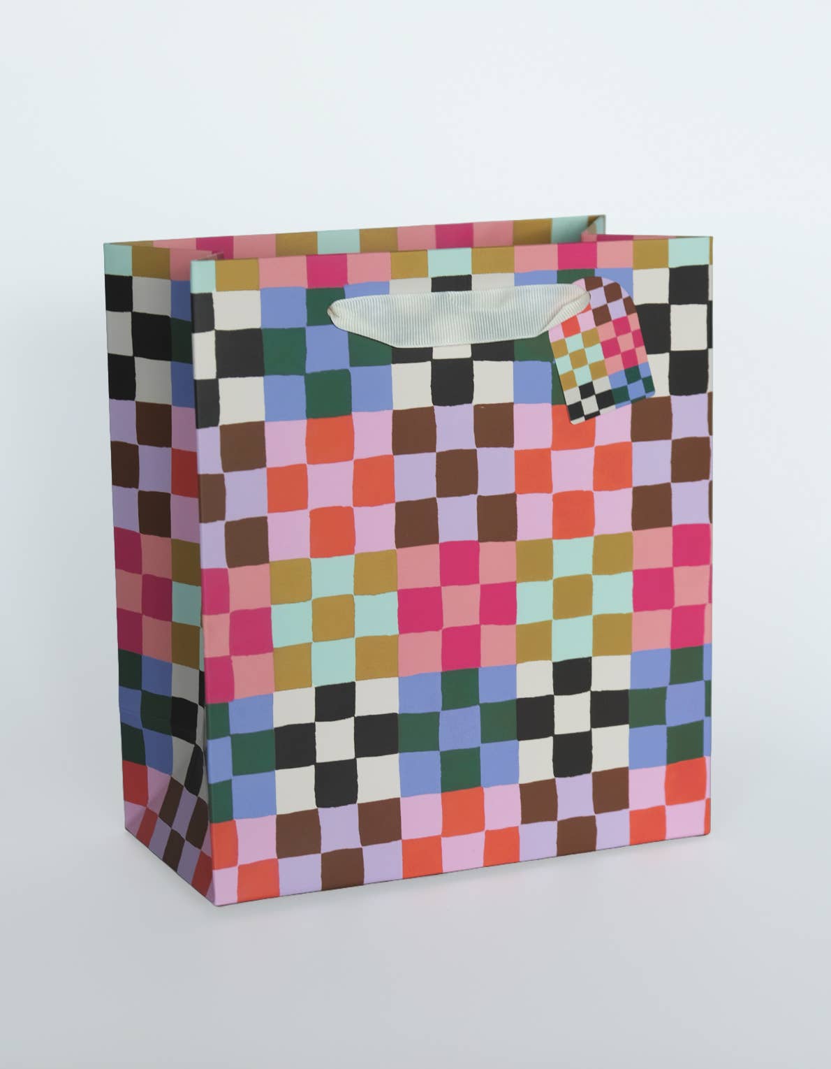 Rainbow check print gift bag with grosgrain handles