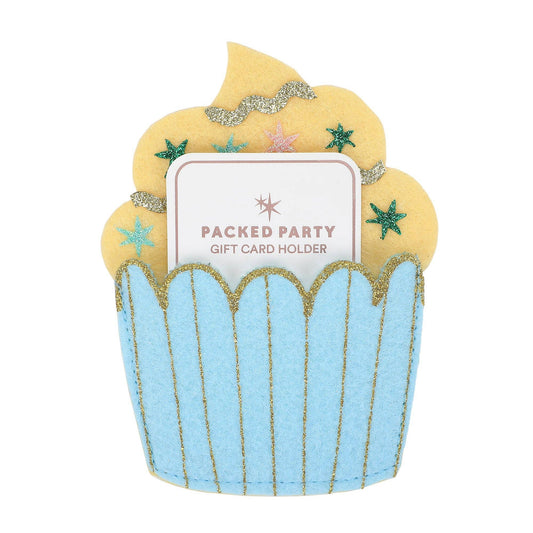 Felt gift card holder shaped like a cupcake with glitter accents.