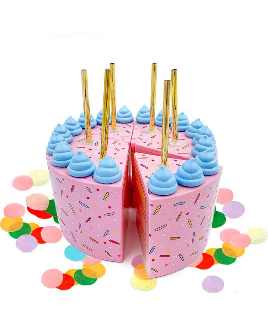 Set of six cake-slice sipper cups arranged into one whole cake.