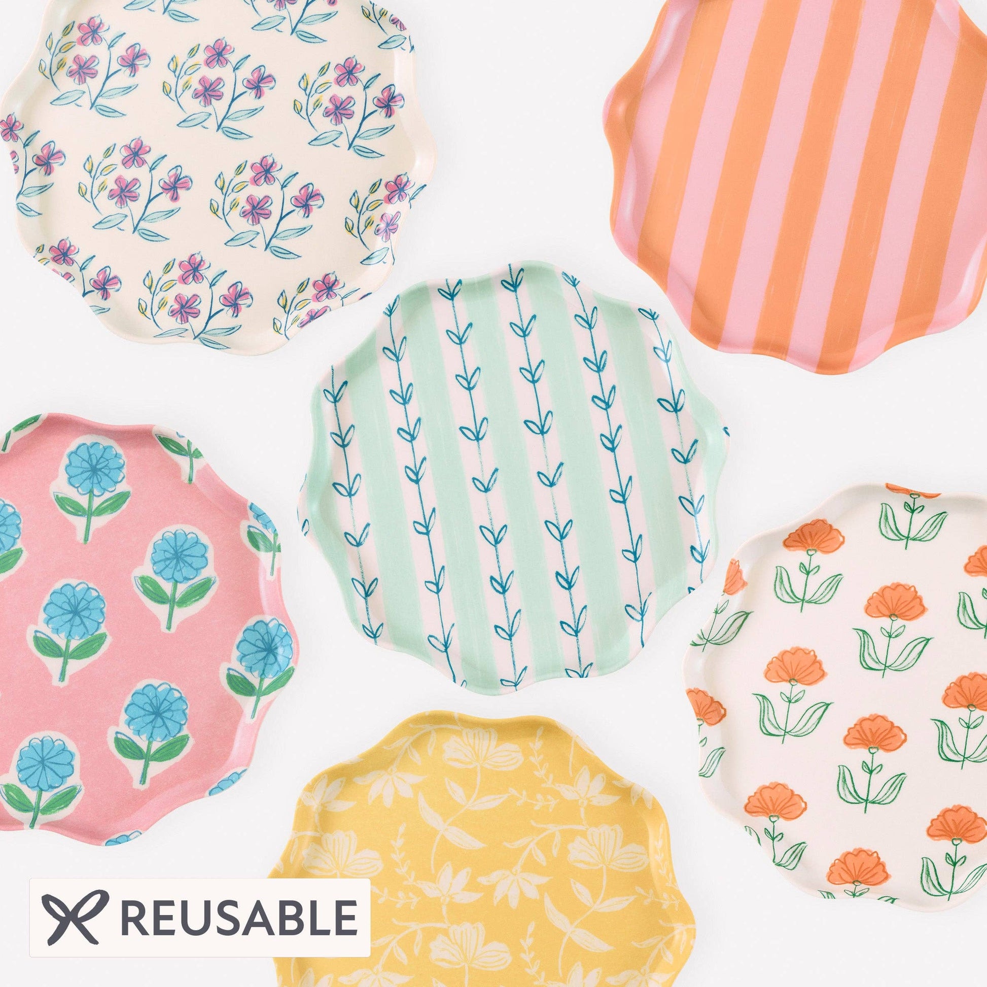 Set of six Flora melamine plates in assorted floral prints