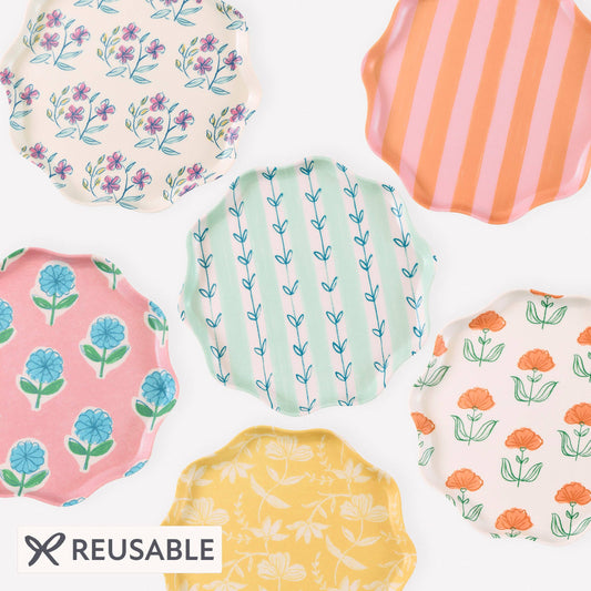Set of six Flora melamine plates in assorted floral prints