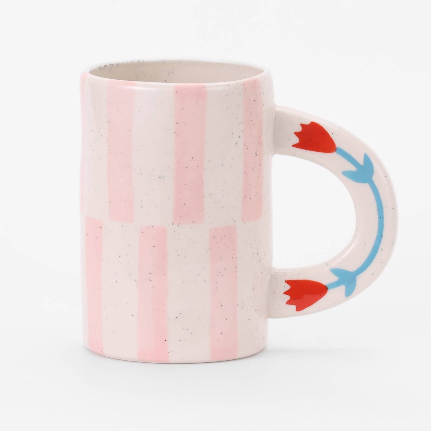 Hand-painted stoneware mug with pink-and-white vertical stripes and a red-and-blue handle.