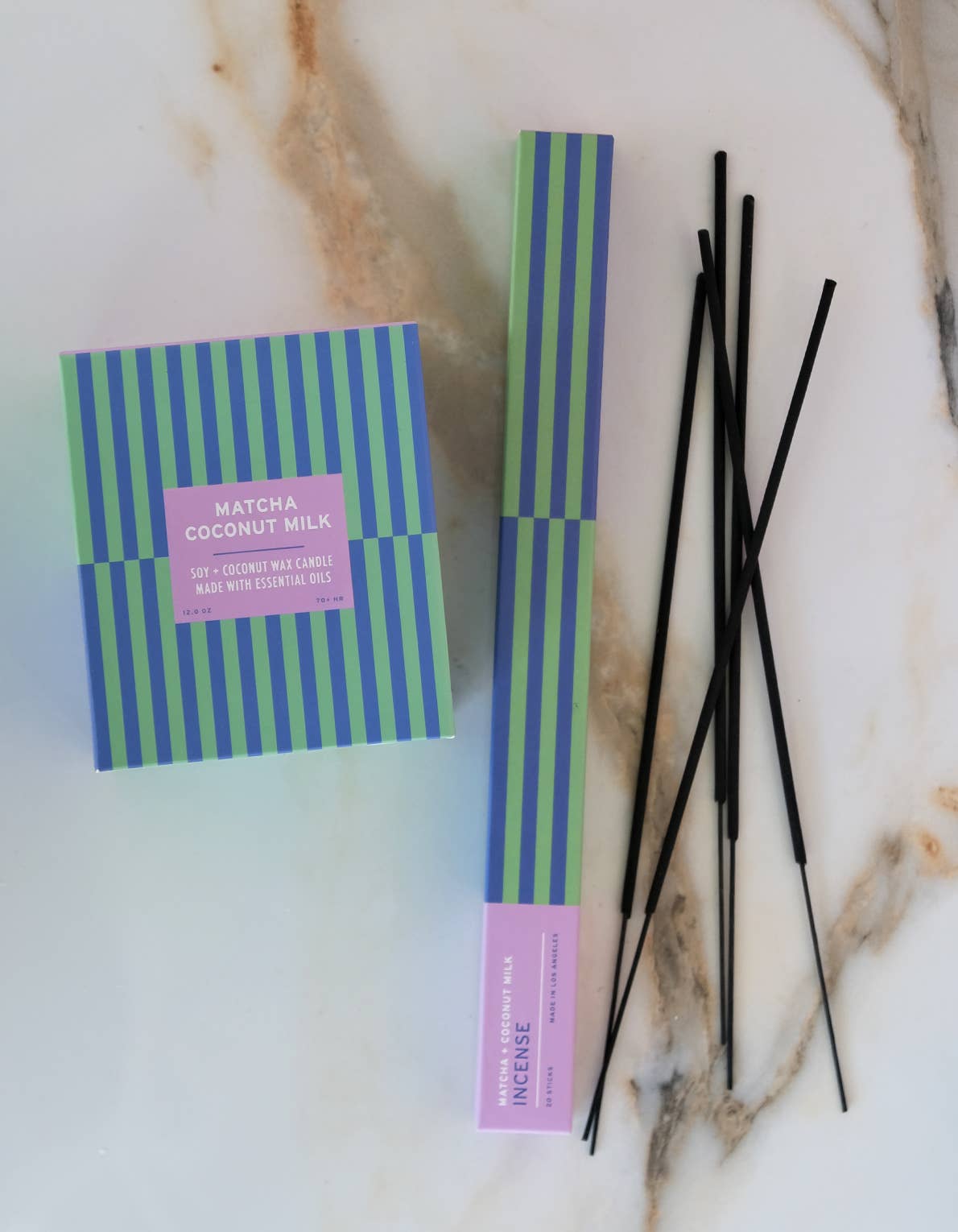 Matcha + Coconut Milk incense sticks styled on a surface