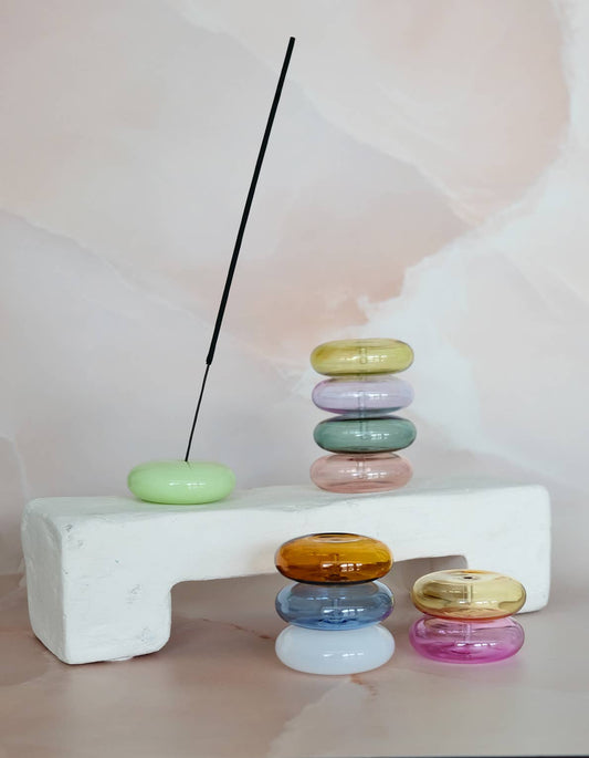 Handblown bubble glass incense holder in translucent colored glass