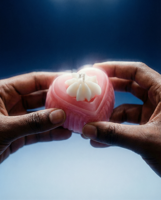 Courtship pink heart-shaped jelly wax candle, front product view.
