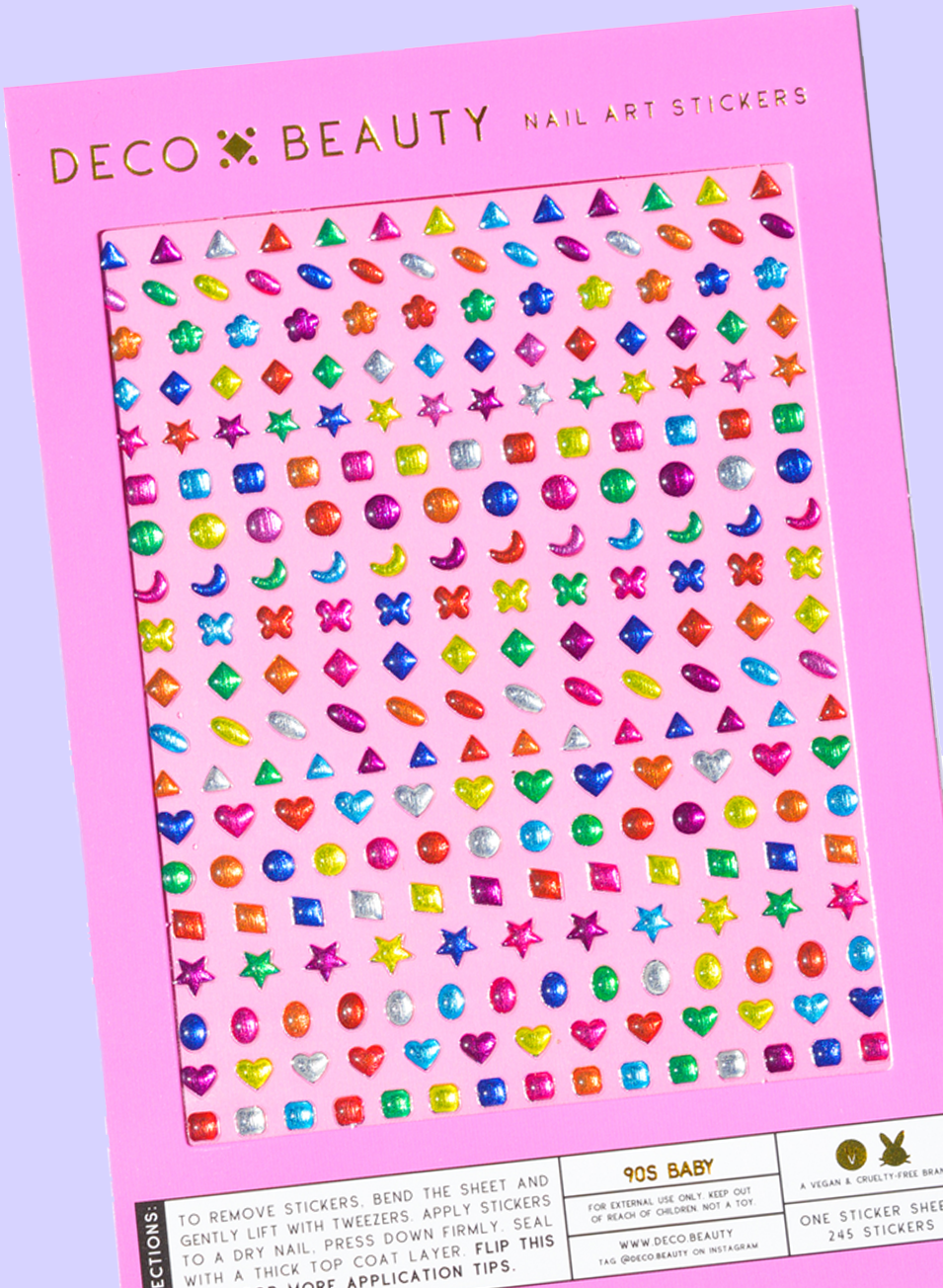 90s Baby nail art sticker sheet in rainbow gems, stars, and shapes