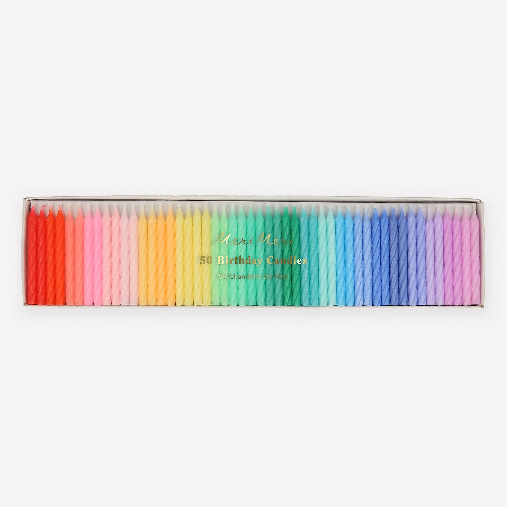Pack of fifty twisted mini birthday candles in rainbow colors