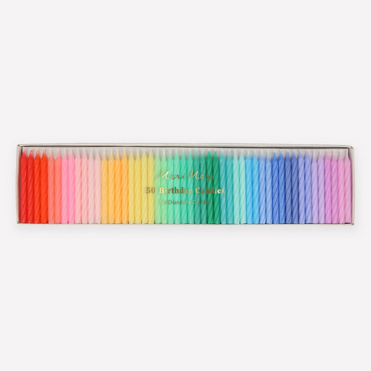Pack of fifty twisted mini birthday candles in rainbow colors