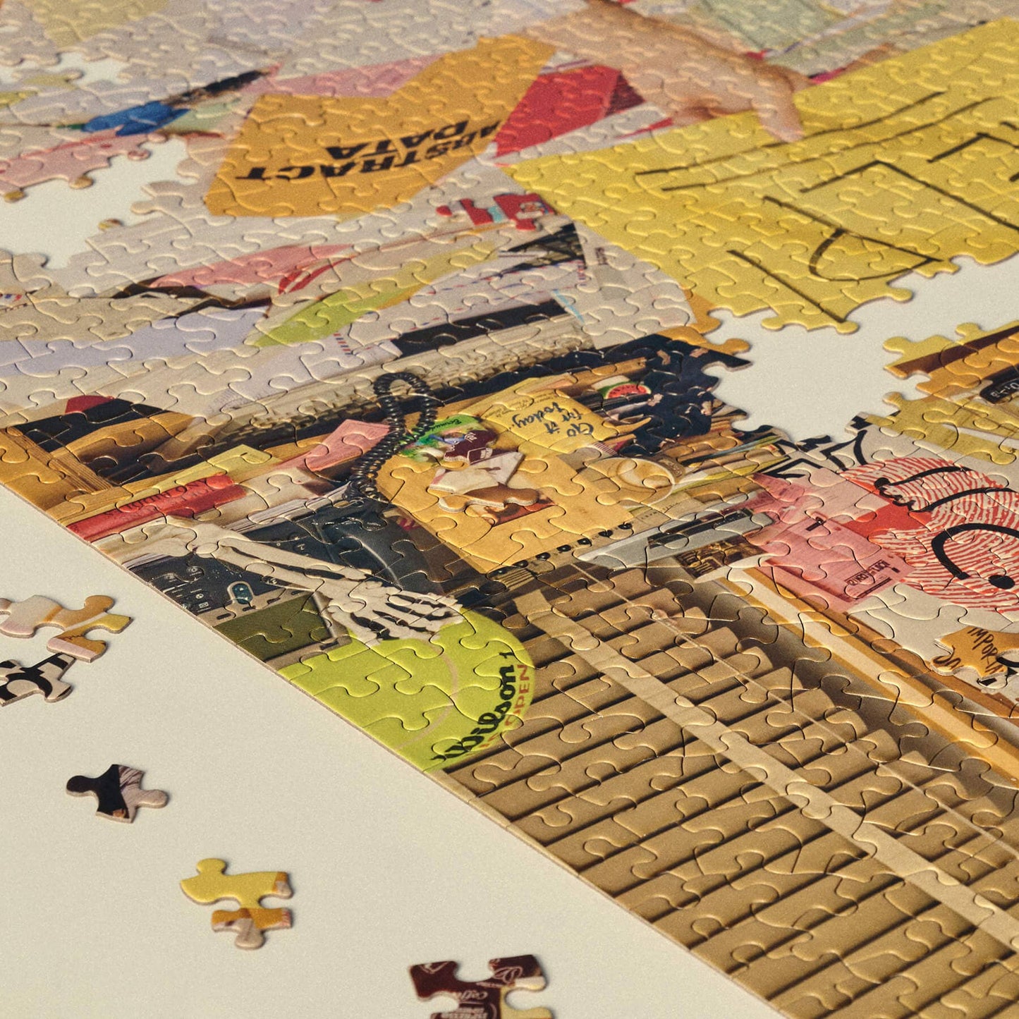 Jigsaw puzzle with a partially completed scene. 