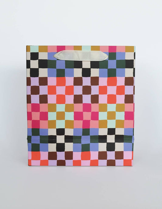 Rainbow checkered print gift bag with grosgrain handle