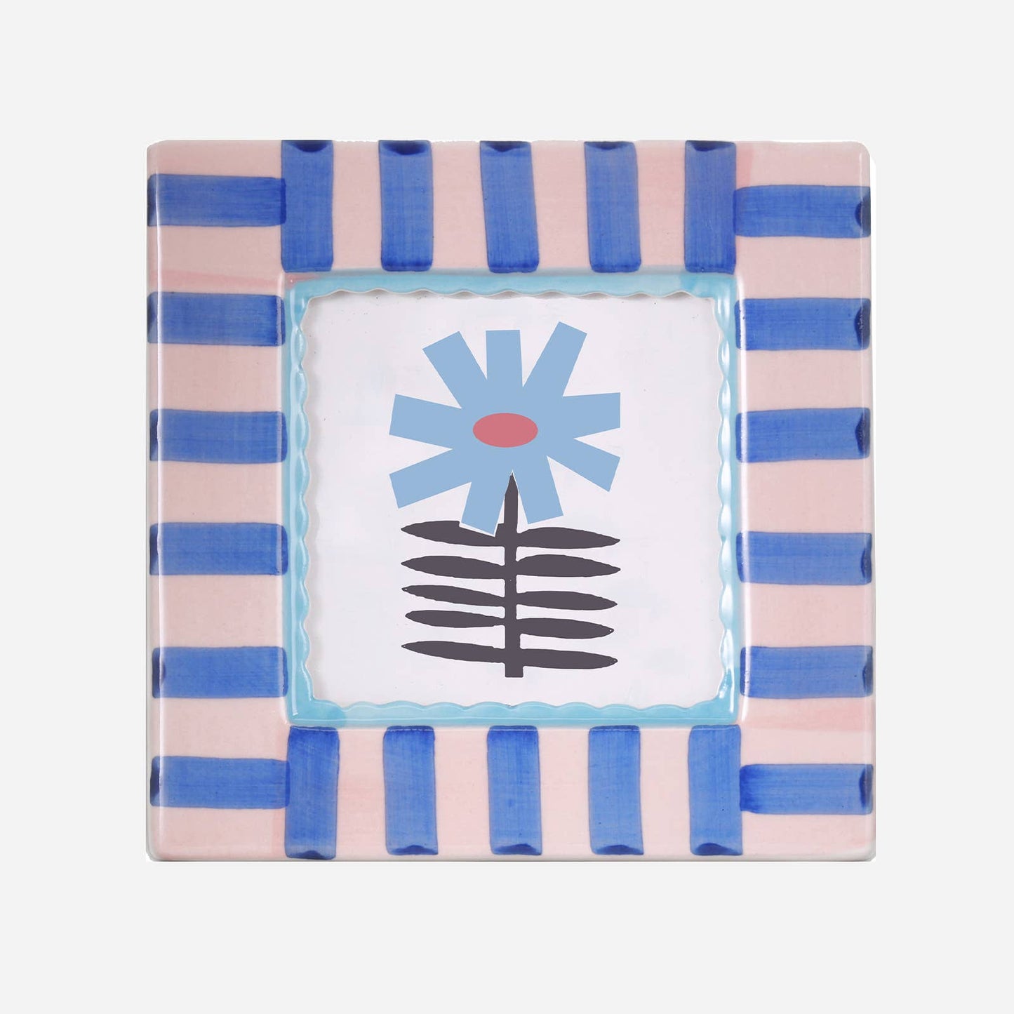 Square hand-painted ceramic photo frame with a blue-and-white striped border and a small painted blue flower.