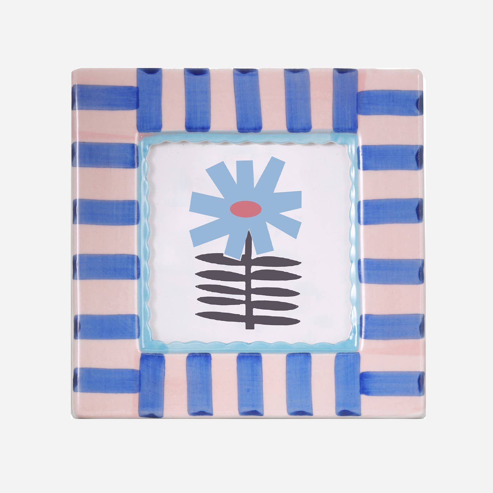 Square hand-painted ceramic photo frame with a blue-and-white striped border and a small painted blue flower.