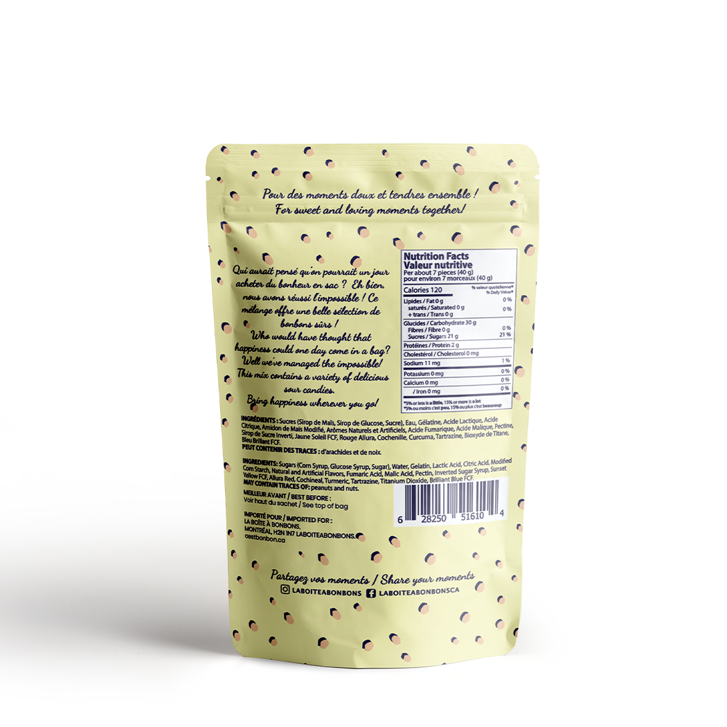 Back view of a yellow snack bag with text and nutritional information on a white background