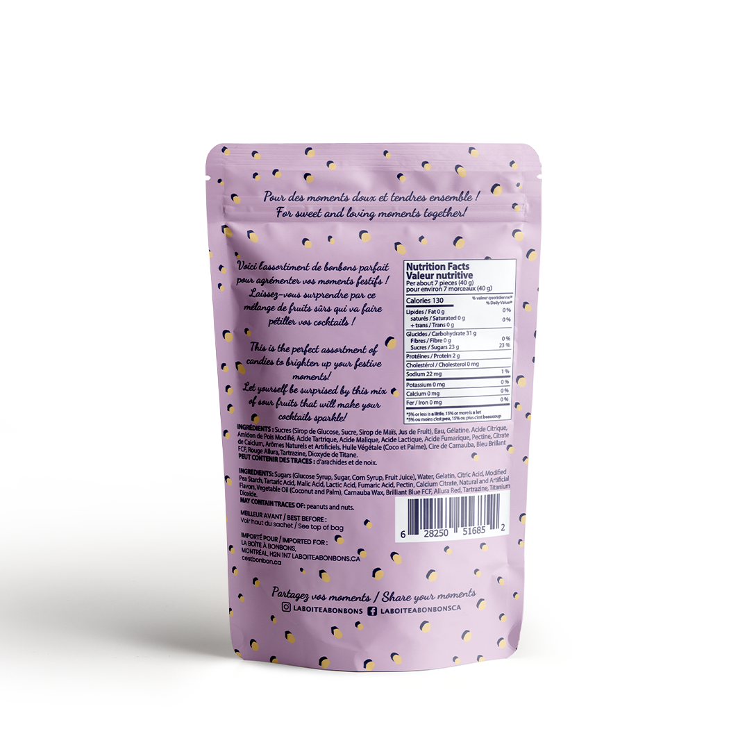 Purple packaging with gold polka dots and text on a white background