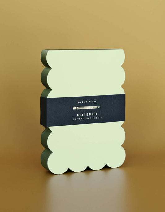 Scalloped die-cut notepad with chartreuse and olive painted edges