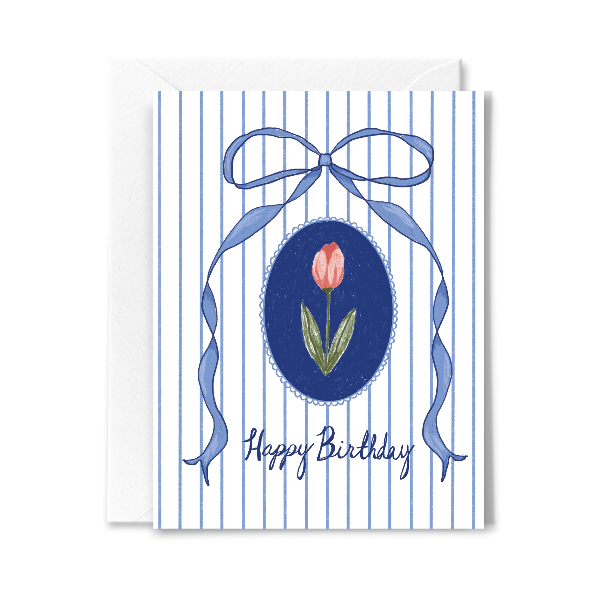 Birthday greeting card with a bow and tulip design