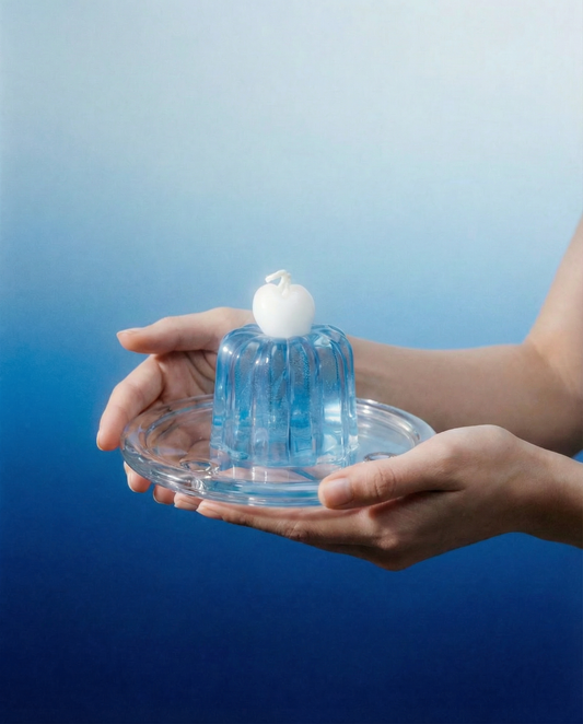 Crystal Ice Cube crystal-blue jelly wax cube candle, front product view.