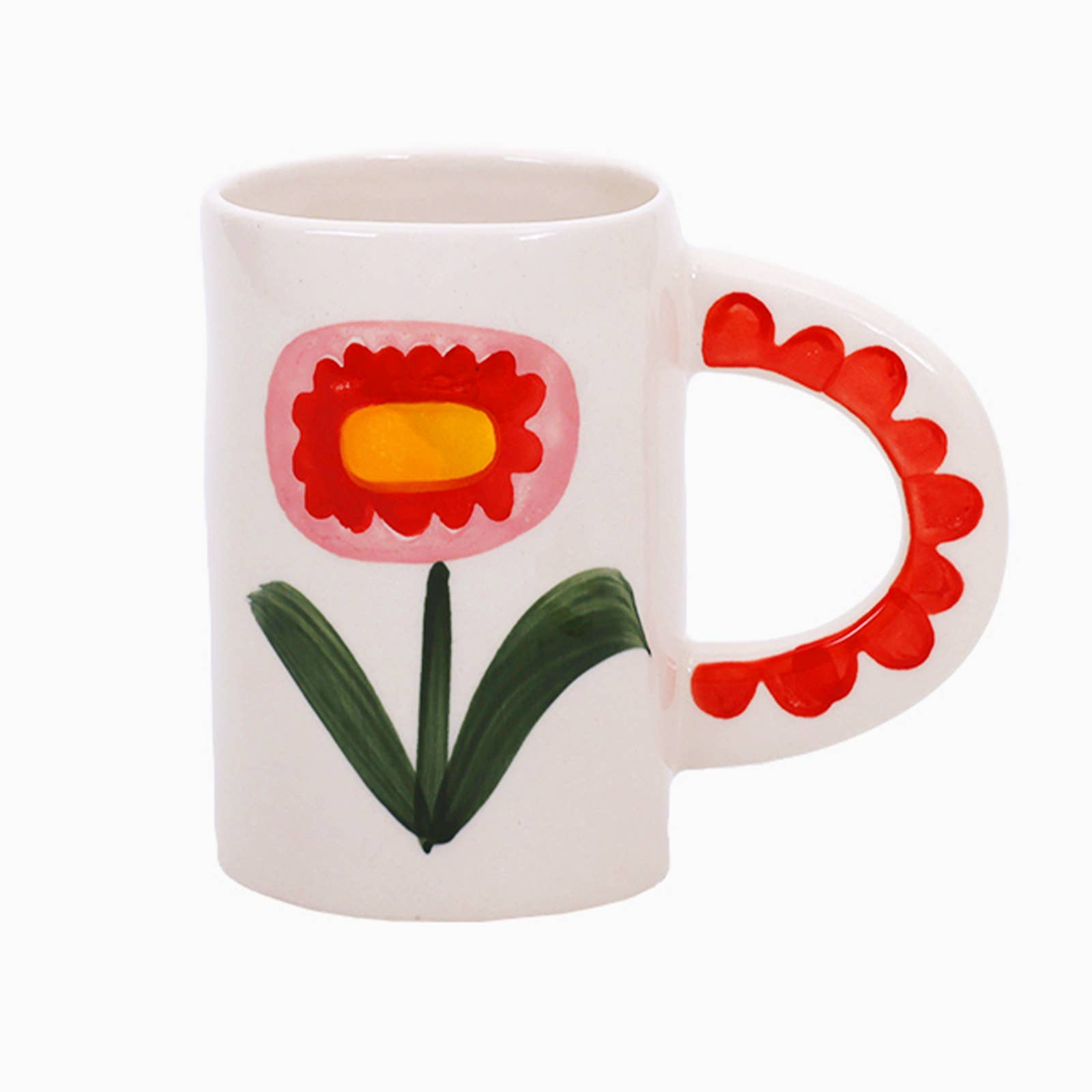 Hand-painted cream stoneware mug with a red-and-yellow flower on a green stem and a red scalloped handle.