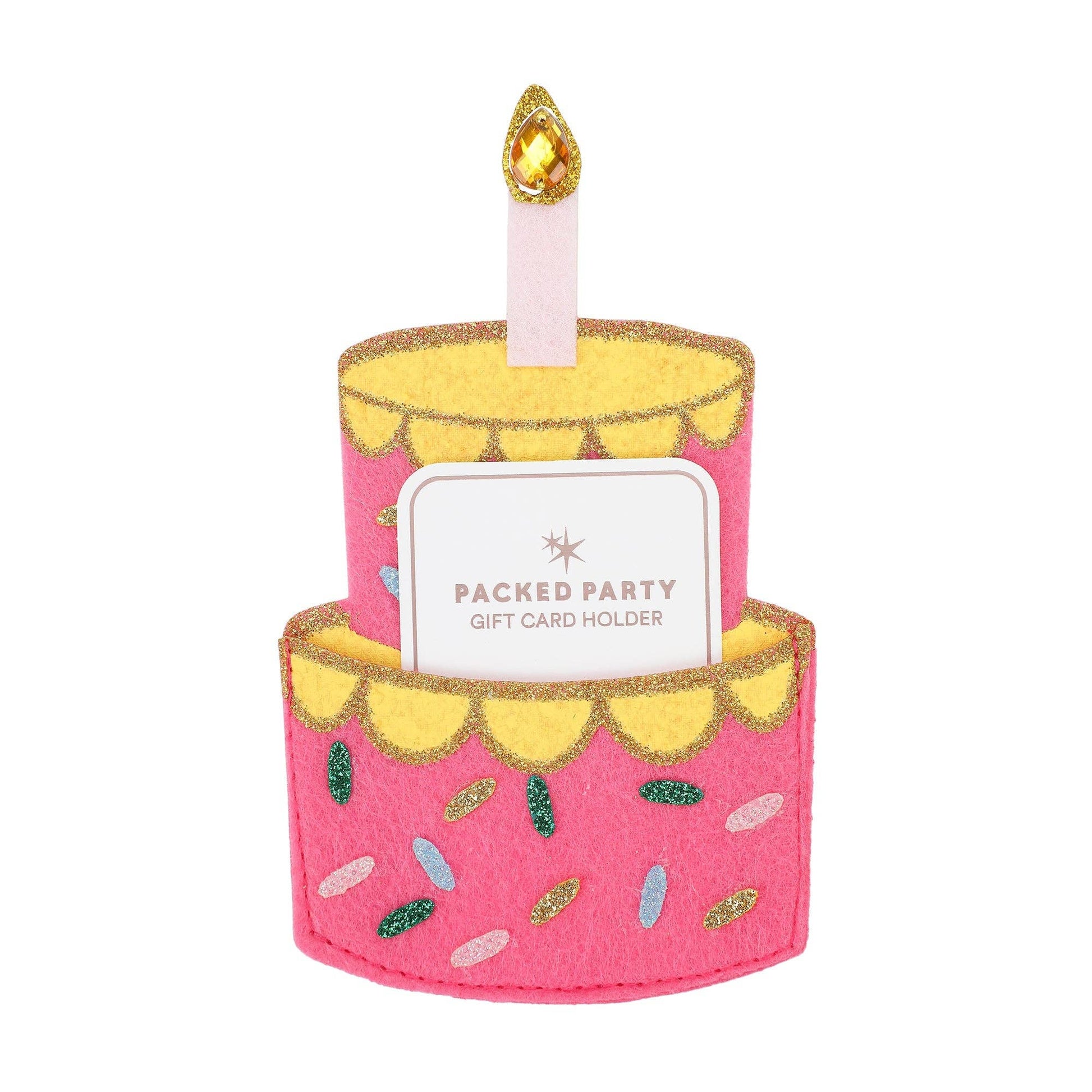 Felt gift card holder shaped like a layered birthday cake with a candle on top.