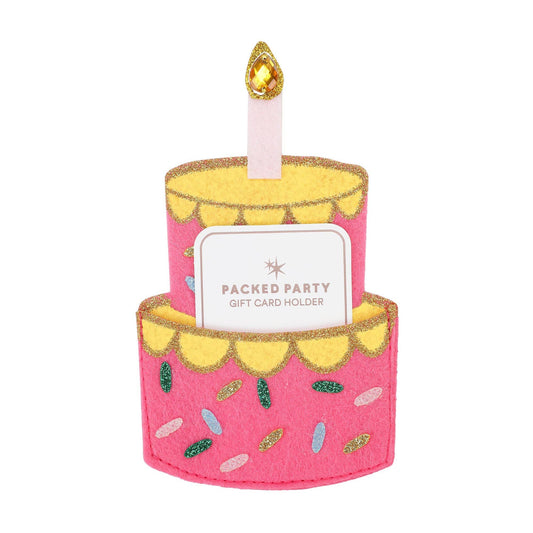 Felt gift card holder shaped like a layered birthday cake with a candle on top.