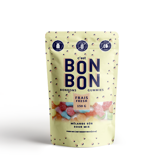 Packaging of Bon Bon gummies with a light yellow background