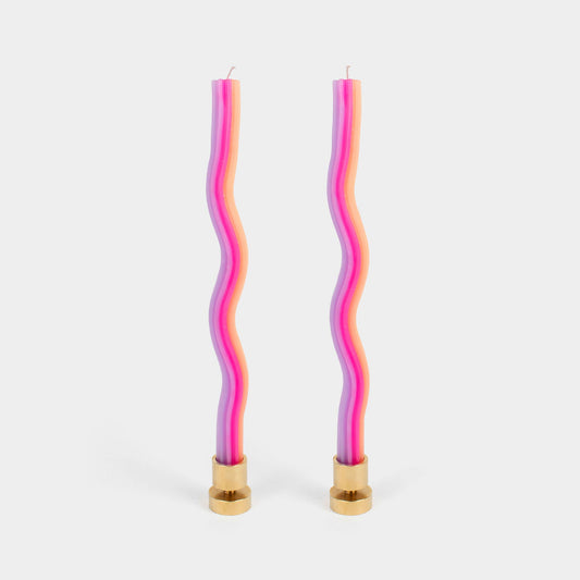 Two wavy wiggle taper candles in orange, pink and lavender by 54 Celsius