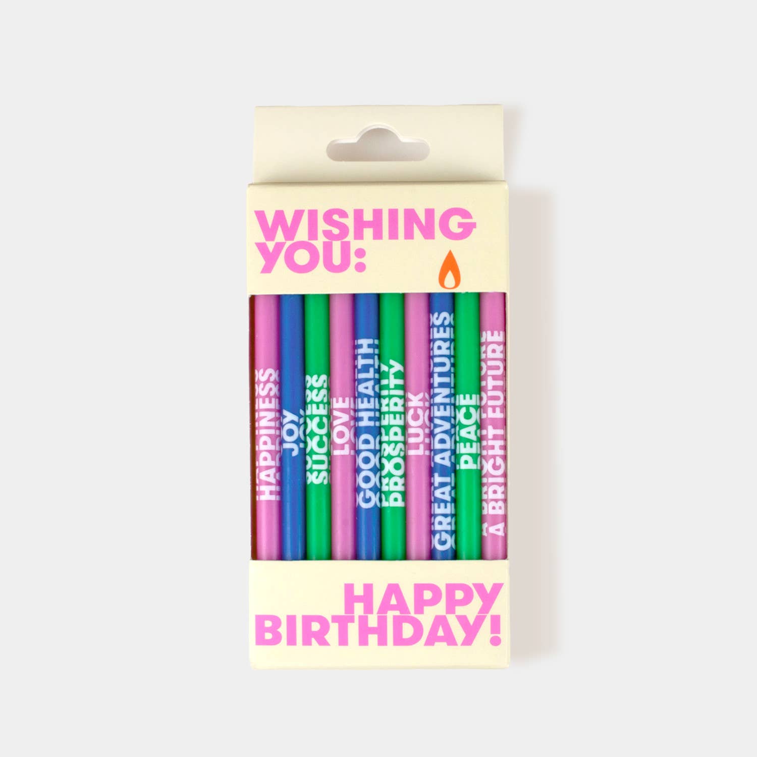 Wishing You birthday candles, a pack of ten 5-inch candles each printed with a unique wish