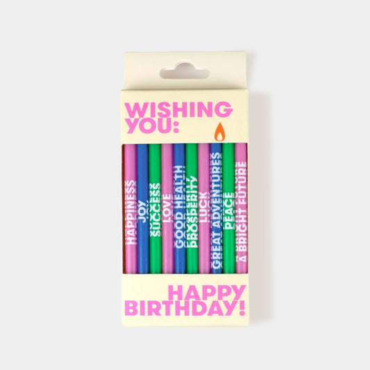 Wishing You birthday candles, a pack of ten 5-inch candles each printed with a unique wish