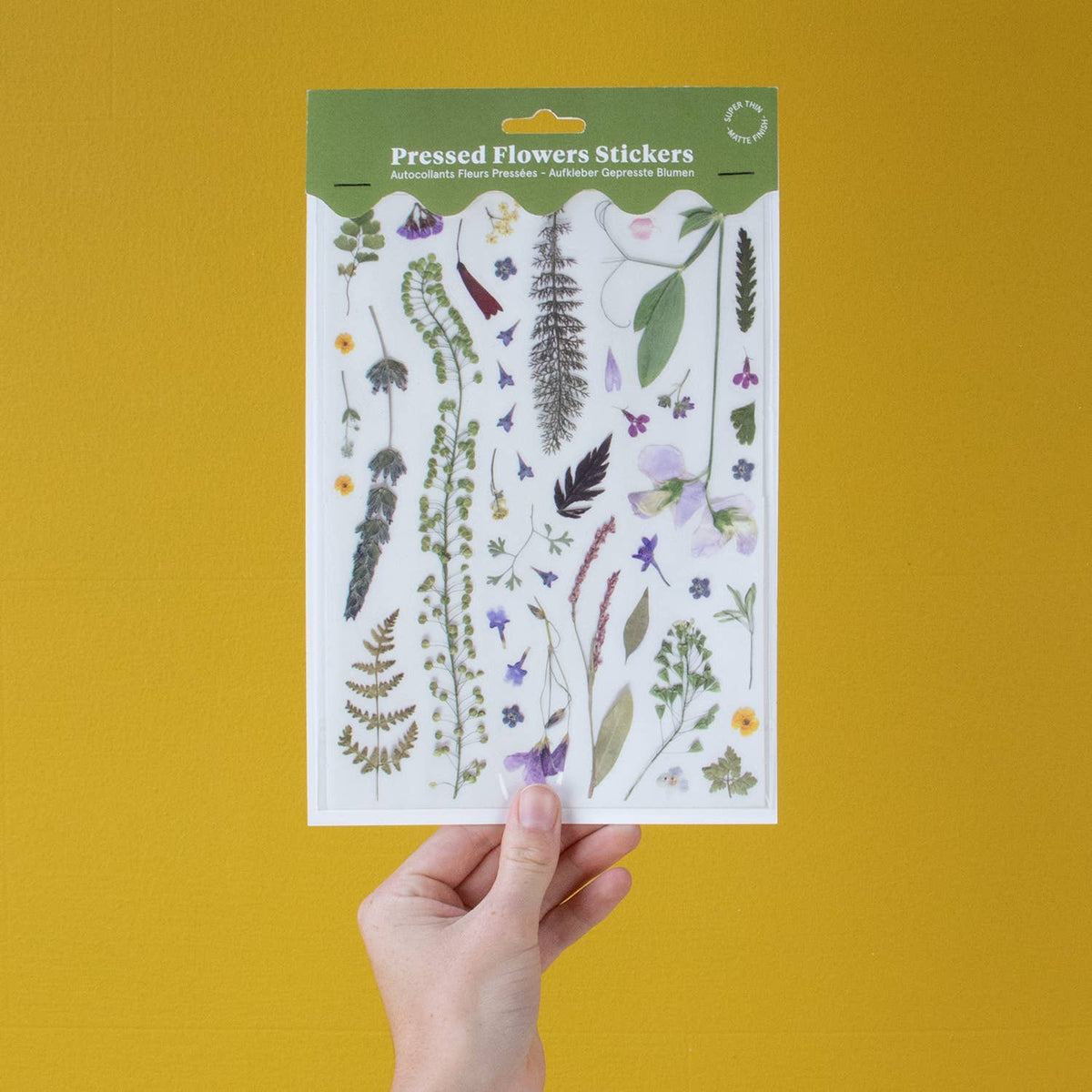 Sheet of pressed flowers stickers held against a yellow background