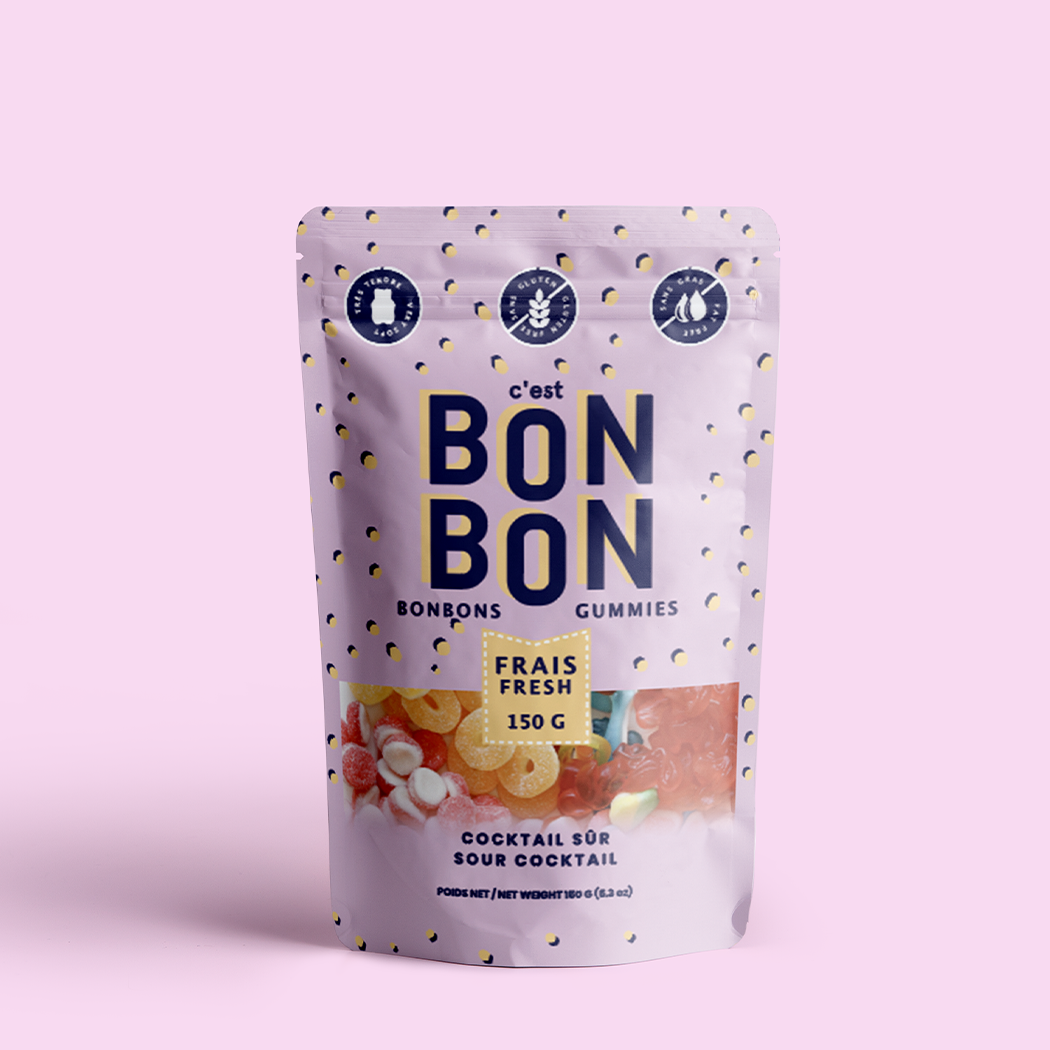 Packaging of Bon Bon gummies on a pink background