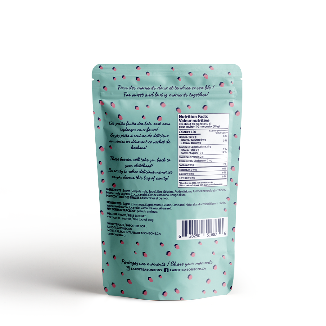 Teal packaging with red berry pattern and text on a white background
